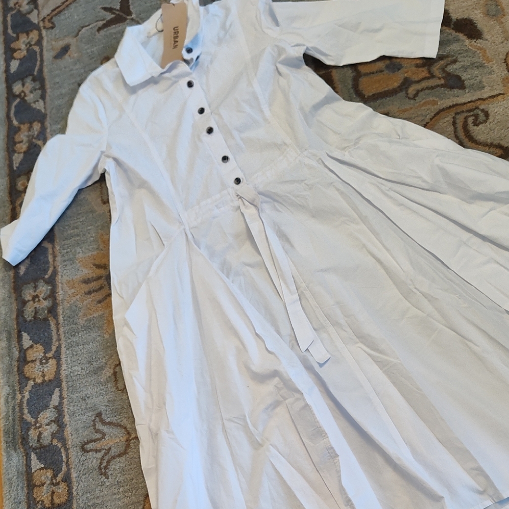 White Button-Front Shirt Dress with Tie Waist
